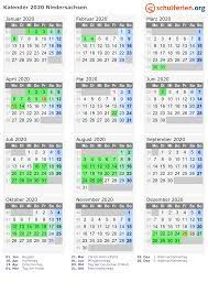 Die herbstferien sind nach den großen ferien im sommer die beliebteste reisezeit für einen urlaub. Kalender 2020 Ferien Niedersachsen Feiertage