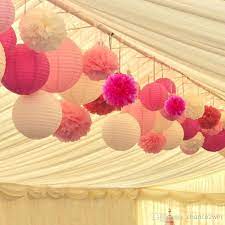 Custom Mixed White Pink Hot Pink Paper Lanterns Pom Poms Wedding Party Baby Girl Room Nursery Decora Paper Lanterns Wedding Marquee Decoration Paper Lanterns
