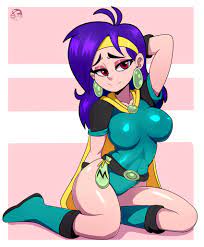 1girls angeliccmadness blue hair breasts cartoon network clothed  female female female only hand on head looking at viewer mighty magiswords  pose red eyes seductive smile vambre warrior 
