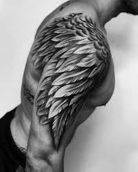 Black And White Angel Wings Tattoo Designs Angel Wing Arm Mens Tattoo Designs Big Themed Cool Half Sleeve Tattoos Half Sleeve Tattoos For Guys Tattoos For Guys