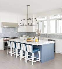 Decoration blue gray backsplash tile. Gray And Blue Kitchen With Gray Mini Brick Backsplash Tiles Transitional Kitchen