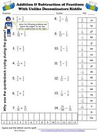 Addition Subtraction Fraction With Unlike Denominators Riddle Fractions Riddles Subtraction