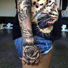 Amazing Tiger Face And Rose Sleeve Style Black And Gray Color Black Tags Cool Best Bea Sleeve Tattoos For Women Tiger Tattoo Sleeve Tiger Sleeve Tattoo