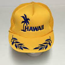 Vintage Hawaii Yellow Flat Bill Trucker Snapback Hat Cap Blue Palm Tree Ebay Snapback Hats Blue Palm Trees Hats