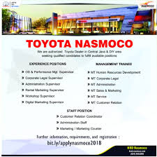 Rejeki group merupakan perusahaan yang bergerak dibidang penjualan kendaraan toyota & daihatsu terbaru mengajak anda yang profesional & handal untuk kualifikasi umum: Toyota Nasmoco Kantor Kemahasiswaan Alumni Dan Campus Ministry