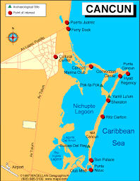 Map of yucatan showing cancun, playa del carmen, riviera maya, costa maya, bacalar and mayan ruins in the location of cancun, playa del carmen and tulum can be found on this map. Caribseek Cancun Maps Cancun Map Map Of Cancun Tulum Islas Cancun