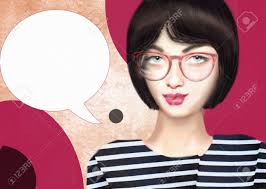 Maybe you would like to learn more about one of these? Hand Drawn Illustration Of Trendy Hipster Beauty Girl Wearing Glasses Smart Young Short Hair Women In Black And White Striped Shirt With Speech Bubble Can Used As A Flyer Poster Banner Stock