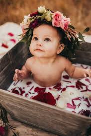 Make sure that the oil compliments the natural perfume of the flowers, plants or fruits that you're placing in the tub as props. Baby Milk Bath Baby Girl Photography 6 Month Baby Picture Ideas Baby Photoshoot Girl