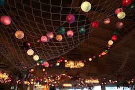 Ceiling Decoration With Fishing Net And Coloured Light Balls Fish Net Decor Ceiling Decor Sea Decor