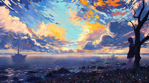 Anime Landscape Sea Ships Colorful Clouds Scenic Tree Horizon Anime 5k Wallpaper Hdwallpa Wallpaper Pemandangan Anime Wallpaper Anime Wallpaper Seni