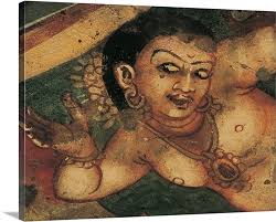 Female Face and Breasts. Wall painting inside Cave 2. Ajanta Caves. India