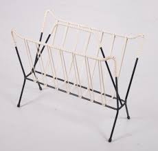 Iron frame with leather wrapped handle and trays. Vintage Magazine Rack In Black White 163757
