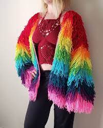 Rainbow Fringe Festival Jacket Crochet Bohemian Shaggy Etsy Rainbow Fashion Rainbow Outfit Festival Jacket