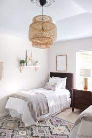 Neutral Guest Bedroom With Bamboo Pendant Light And Blue Ceiling Harbor Haze Neutral Guest Bedroom Blue Ceilings Bedroom Light Fixtures