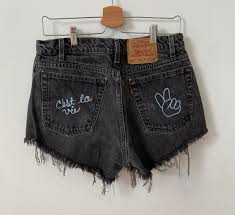 SantaMonicaThreads Black Levi Shorts, Vintage Jeans 550, Levi Cutoff Frayed, Peace Sign French Words Embroidered Jeans Shorts for Women, Size 34, Daisy Dukes