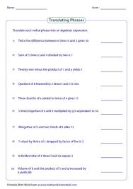 Algebra Language Worksheets Algebraic Expressions Translating Algebraic Expressions Math Expressions