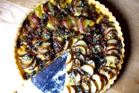 Sweet potato goat cheese salad, sweet potato, goat cheese, cranberry rounds, roasted rosemary potato wedges with goat cheese crumbles. Blue Cheese And Red Potato Tart Smitten Kitchen