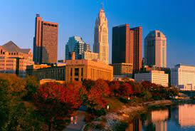 Columbus skyline with gray buildings, blue sky and copy space. Five Secret Foodie Cities Columbus Skyline Scenic Drive Skyline