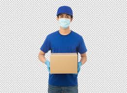 Young Delivery Man Holding Paper Cardboard Box Mockup In 2020 Cardboard Box Box Mockup Delivery Man