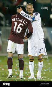 Los Angeles Galaxy midfielder David Beckham (23) hugs Colorado Rapids  Herculez Gomez at the conclusion of the game at Dick's Sporting Goods Park  in Commerce City, Colorado on March 29, 2008. The