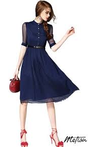 Blue Buttons Front Belted A Line Midi Dress Dressy Fashion Dresses Womens Dresses