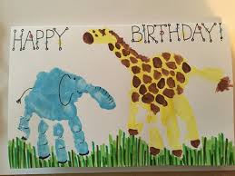 Handprint Animal Birthday Card Handprint Giraffe And Handprint Elephant Hand Print Animals Crafty Gifts Baby Crafts