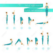 That most familiar of asana sequences, surya namaskar (sun salutation) is as rich in symbolic and mythic overtones as it is in physical benefits. Vector Yoga Set In Flat Style Surya Namaskar A Sun Salutation Royalty Free Cliparts Vectors And Stock Illustration Image 58203967