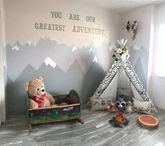 Woodland Tribal Playroom Theme With Teepee And Mountain Walls Mountain Walls Teepee Tribal Playroom Kids Woodland Kids Room Kid Room Decor Baby Playroom