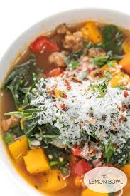 Sausage Kale And Butternut Squash Soup The Lemon Bowl Recipe In 2020 Healthy Soup Recipes Italian Sausage Soup Sausage And Kale Soup