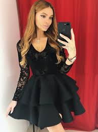 A Line V Neck Long Sleeves Short Black Tiered Homecoming Dress With Appliques Prom Dresses Long Black Black Prom Dress Short Black Short Dress