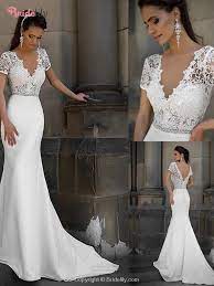 Women's strapless short lace satin beach wedding bridal formal dress. Gorgeous V Neck Short Sleeves Lace Mermaid Wedding Dresses Tight Wedding Dress Short Sleeve Wedding Dress Satin Mermaid Wedding Dress