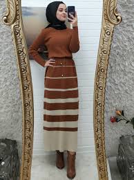 Cizgili Belden Baglamali Triko Elbise Kiremit 6999 Tl Tesettur Triko Modelleri 2020 2020 Moda Stilleri Musluman Modasi The Dress