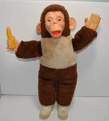 Vintage 16 Chimp Stuffed Monkey With Banana Doll Rubber Face Hands Boots Rubber Face Chimp Dolls
