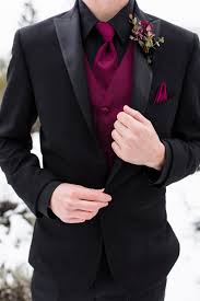 Black And Maroon Tuxedo Moody Winter Styled Shoot Jane Alexandra Events Groomsmen Attire Black Black Tux Wedding Black Tux