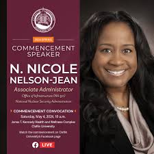 Introducing the speaker for the Spring 2024 graduation N. Nicole Nelson-Jean.  #CUatGraduation2024 #claflinuniversity #elevationandtransformation