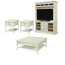 Each piece features a plinth base, slim center shelf, and molded tabletop, all made from wood with a neutral finish. 4 Piece Living Room Set With Tv Stand With Deck Lift Top Cocktail Table 2 End Tables In Cotton 1827458 Pkg