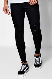 Mens Black Super Skinny Jeans With Raw Hem Boohoo Black Super Skinny Jeans Black Jeans Men Ripped Jeans Men