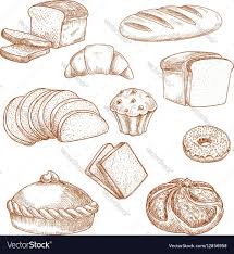 Sketch For Baked Bread And Pastry Food Loaf Of Sliced Anadama And French Baguette Or Baton Brick Cereal Bakery Product Baking Drawing Feather Sketch Bakery