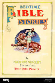 Bedtime Bible Stories by Florence Vincent, with illustrations after J James  Tissot. Front cover, with image of Daniel fighting a lion. Old  Testament.JJT: French painter, 1936- 1902 Stock Photo