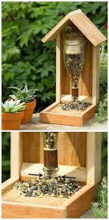 Easy Wood And Old Glass Bottle Bird Feeder 89 Unique Diy Bird Feeders Full Step By Step Tutorials Pag Diy Bird Feeder Bird Houses Diy Wooden Bird Feeders