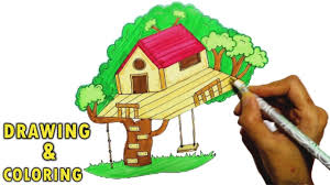 How To Draw Tree House Easy Method Drawing And Coloring In 2020 Tree Drawing Drawing For Kids Drawings