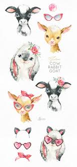 Farm Cow Rabbit Goat Watercolor Little Animals Clipart Calf Baby Goat Bunny Country Flowers Kids Nursery Art Nature Baby Shower Fun Animal Clipart Animals Watercolor Animals