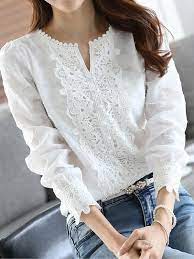 Tendance blouse femme et incontournables. Chemisier Avec Dentelle V Cou Manches Longues Elegant Femme Blouse Blanc Chemisiers Hauts