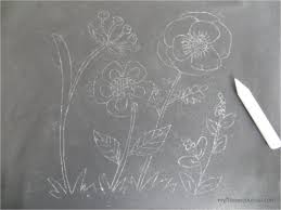 Chamomile flower, field grass, white chalk on a black background, linear hand drawing, monochrome drawing for. Anthropologie Inspired Flower Chalk Art My Flower Journal