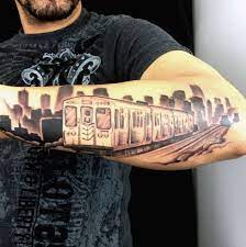 Not just a mere style statement or tourist trend, the new york skyline tattoo is a testament of what man can do with a lot of faith and a little luck. Small Black And Gray Style Modern City Train Tattoo On Forearm Tattooimages Biz