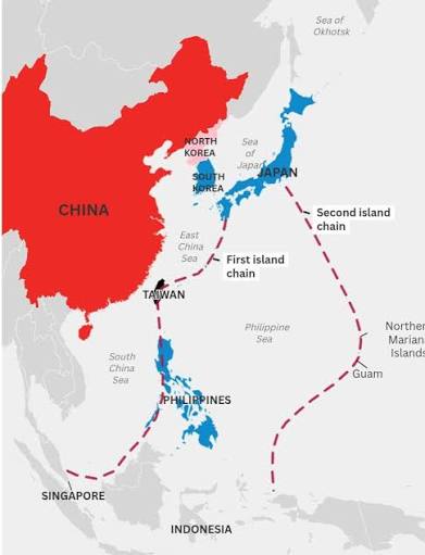 Map of the USs first and second island chains to contain China. Island  Chains Strategy was formulated in 1951 by John Foster Dulles, a visionary  foreign affairs expert who enumerated the need