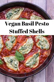 Vegan Pasta Recipes Pesto Stuffed Shells In Tomato Sauce Recipe Vegan Pasta Recipes Vegan Pesto Dishes Fall Vegan Recipes