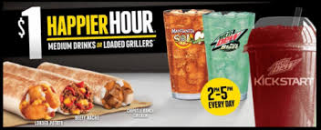 She gets the regular mountain dew freeze which is $1.00 during happy hour. Taco Bell Happier Hour Medium Drinks Loaded Grillers Just 1