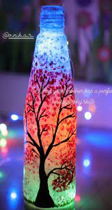 This particular project was recycled into a vase from a bottle of barbecue sauce. Bottle Painting Glass Bottles Art Glass Painting Designs Painting Glass Jars