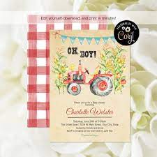 Editable File Tractor Baby Shower Invitation Rustic Farm Baby Shower Invite Oh Boy Invita Farm Baby Shower Tractor Baby Shower Invitations Tractor Baby Shower
